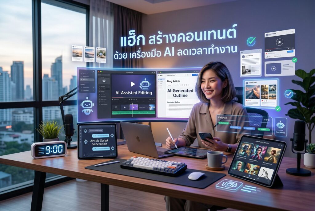 สร้างคอนเทนต์, เครื่องมือ AI, ระบบ Automation, ทำ SEO, ลดเวลาทำงาน