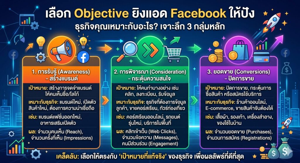 เลือก Objective ยิงแอด, โฆษณา Facebook, การตลาดออนไลน์, เพิ่มยอดขาย