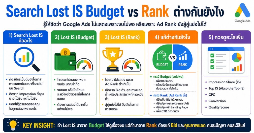 Search Lost IS Budget, Search Lost IS Rank, Google Ads, Impression Share, เทคนิคยิงแอด